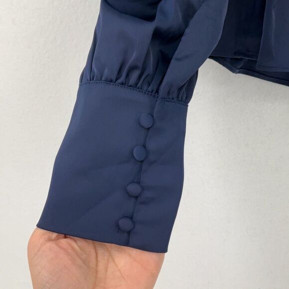 Jason Wu Navy Blue Satin Ruffled Peplum Button Pullover Blouse Size Small - Picture 7 of 9